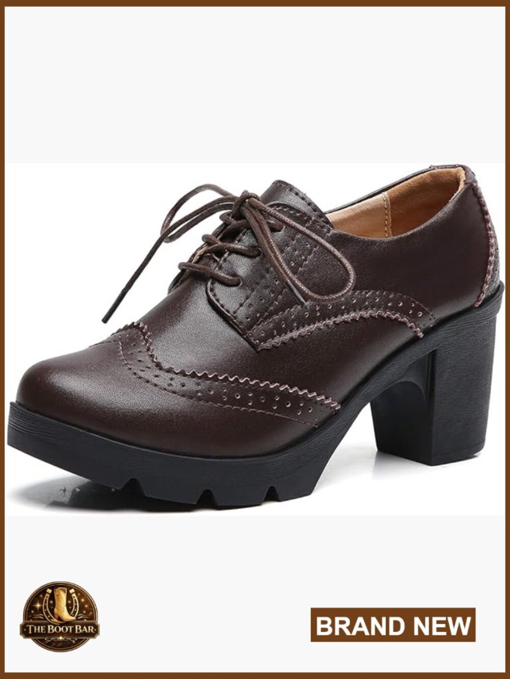 Women's Leather Lace Up Platform Chunky Mid-Heel Square Toe Oxfords Pumps